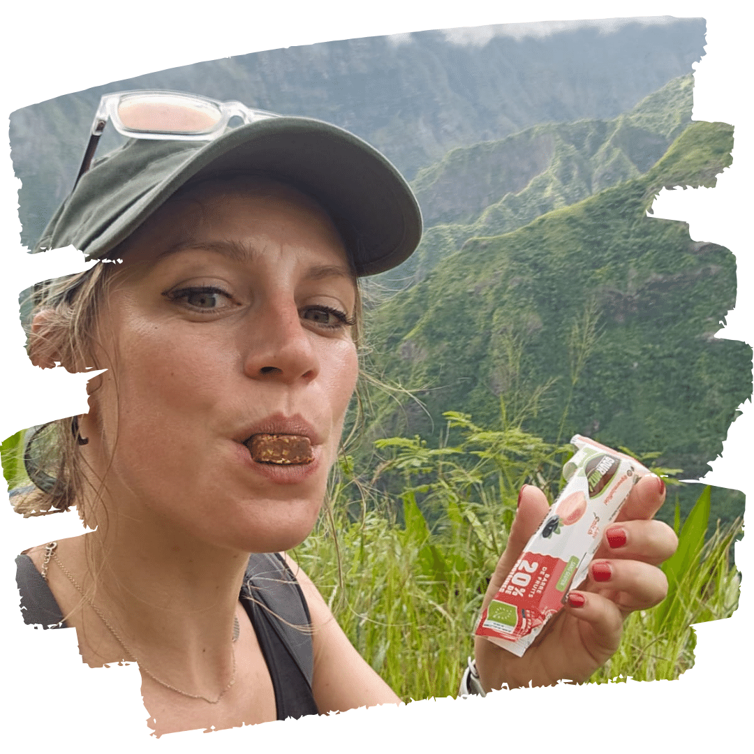 Nathalie with a Gourmiz' protein bar