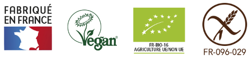 Logos: made in France, vegan, organic and gluten-free